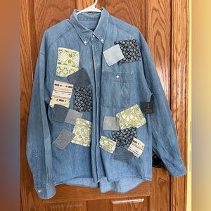 Urban Renewal upcycled denim button down shirt.
